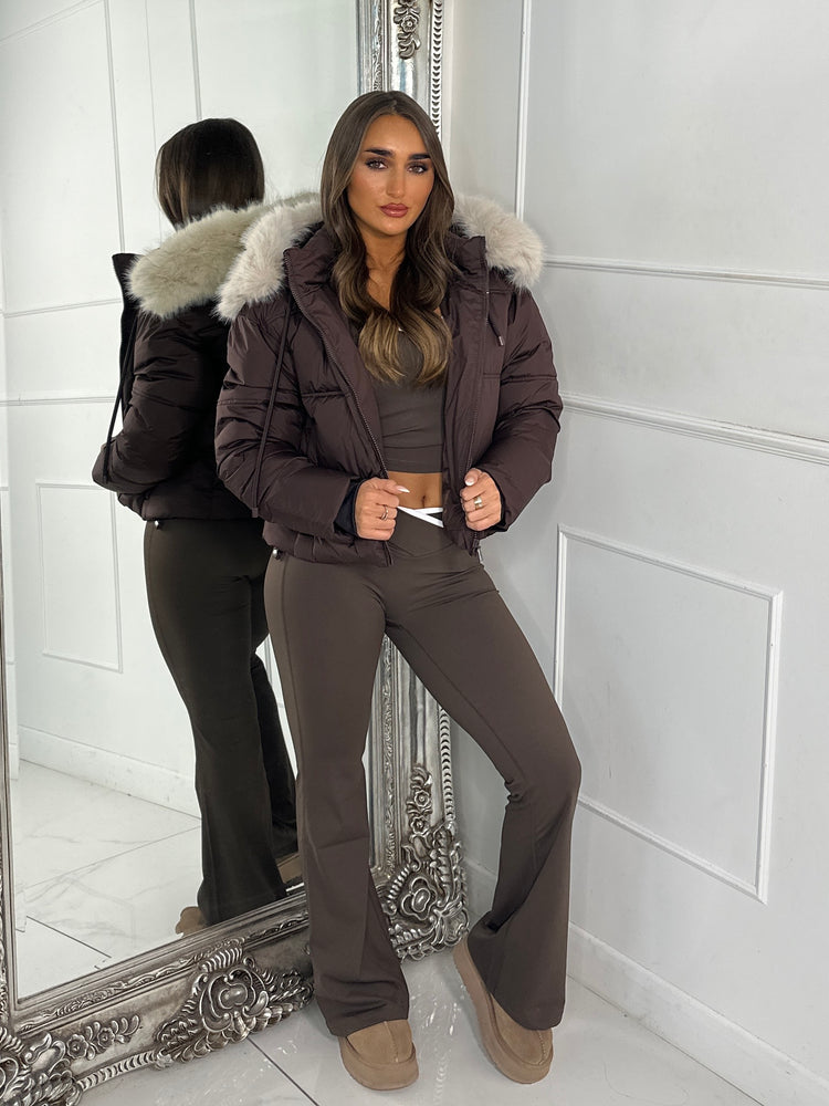 Cropped Faux Fur Trim Padded Jacket - Brown/Cream