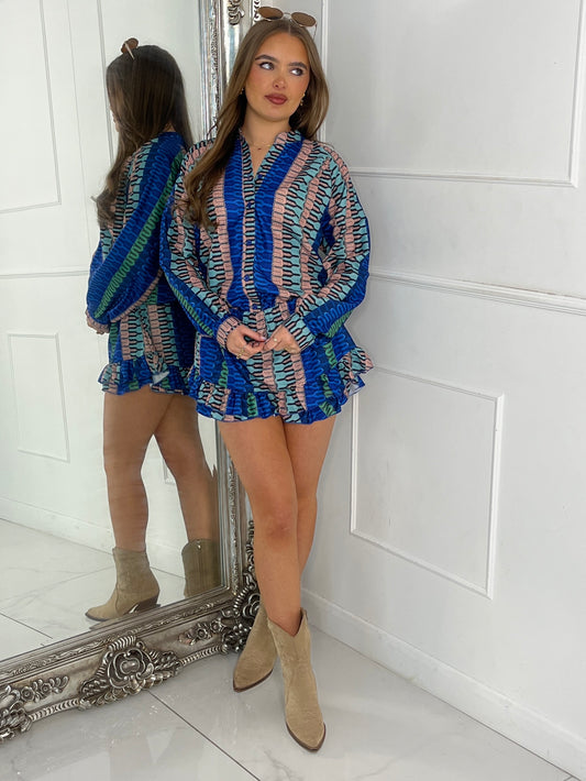 Matching Long Sleeve Shirt and Frill Skort Set - Blue Multi