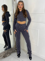 Corset detail hooded top & Ruche Back pocket Joggers Set - Charcoal Grey