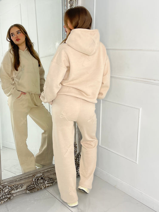 Cross Embroidered Hoodie & Jogger Tracksuit - Beige