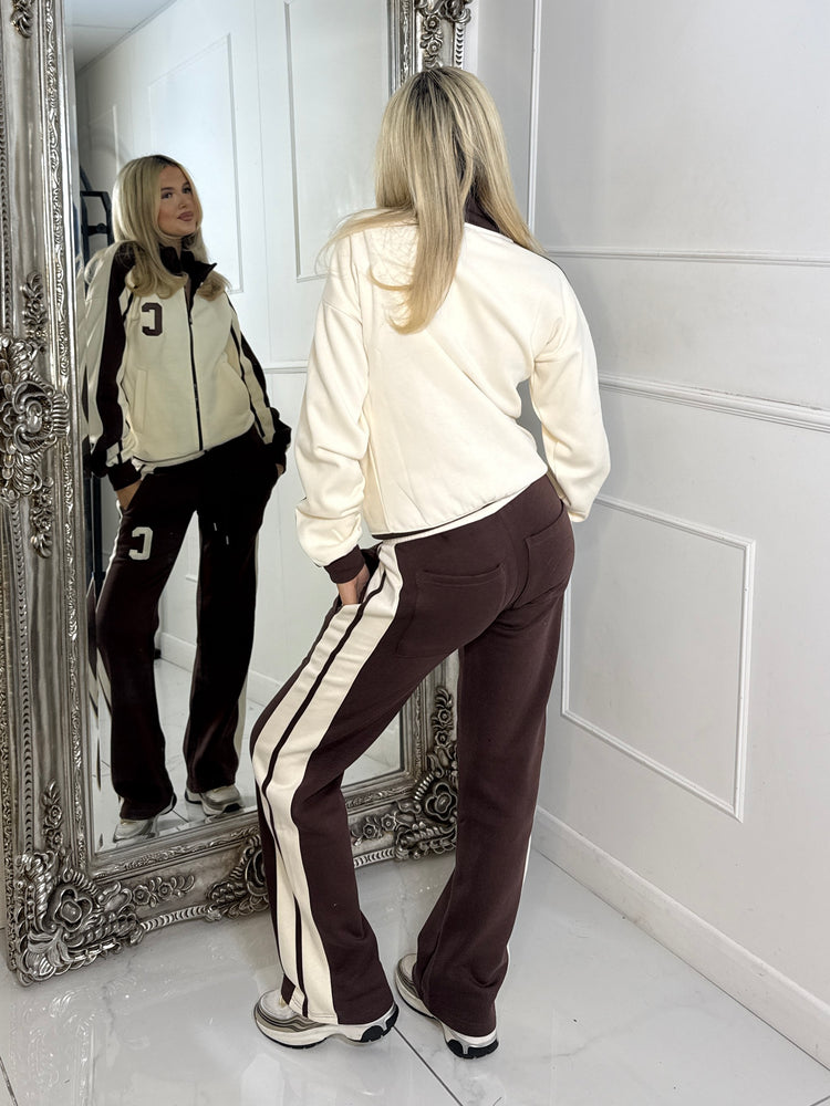Colour Block Contrast “C” Embroidery Tracksuit - Chocolate/Cream