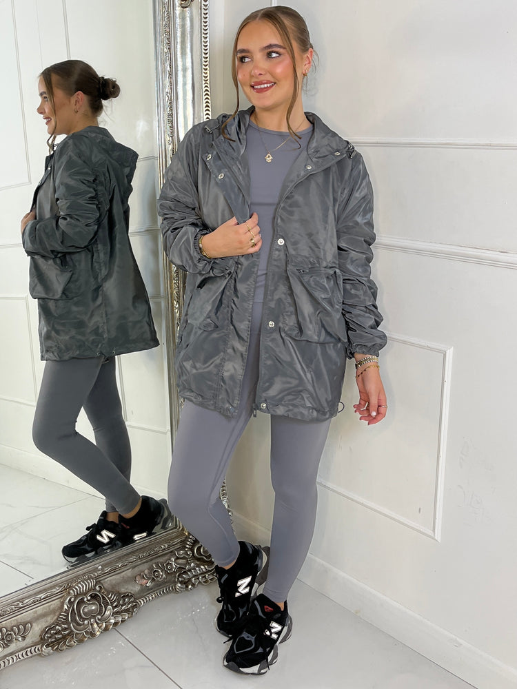 Long Ruched Sleeve Windbreaker Jacket - Charcoal Grey