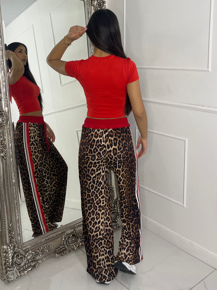 Leopard Print Wide Leg Side Stripe Trousers