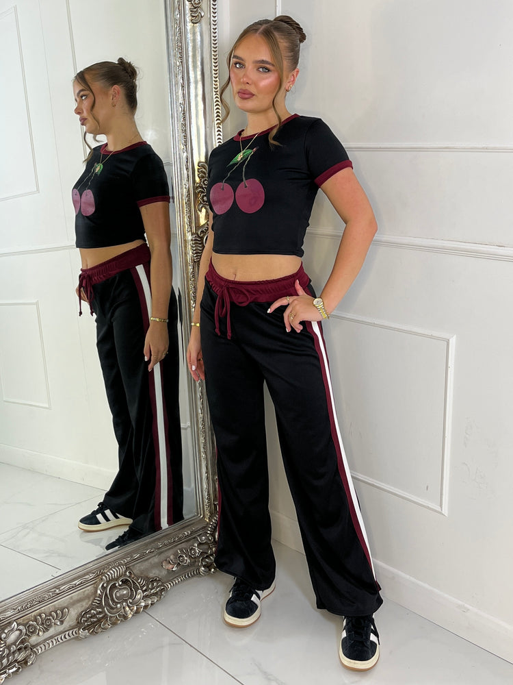 Cherry Tee & Side Stripe Trousers Co-Ord - Black