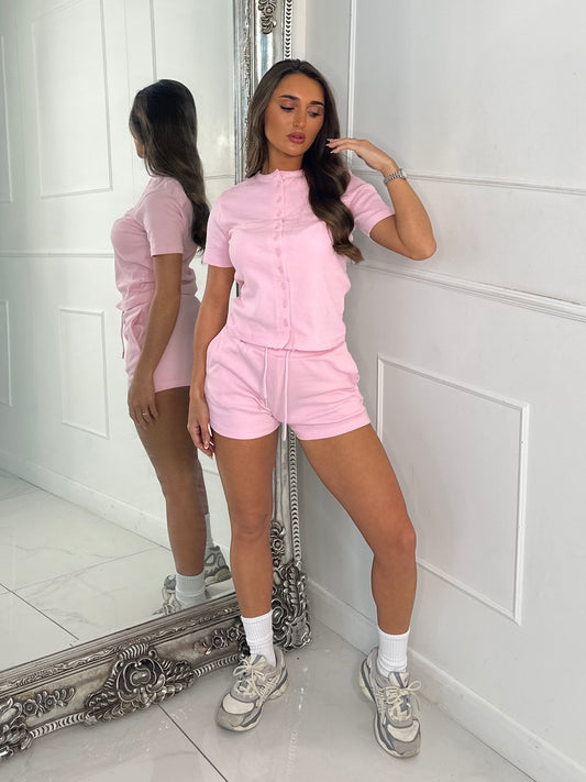 Round Neck Button Up Ribbed Top & Drawstring Shorts Co-ord - Baby Pink