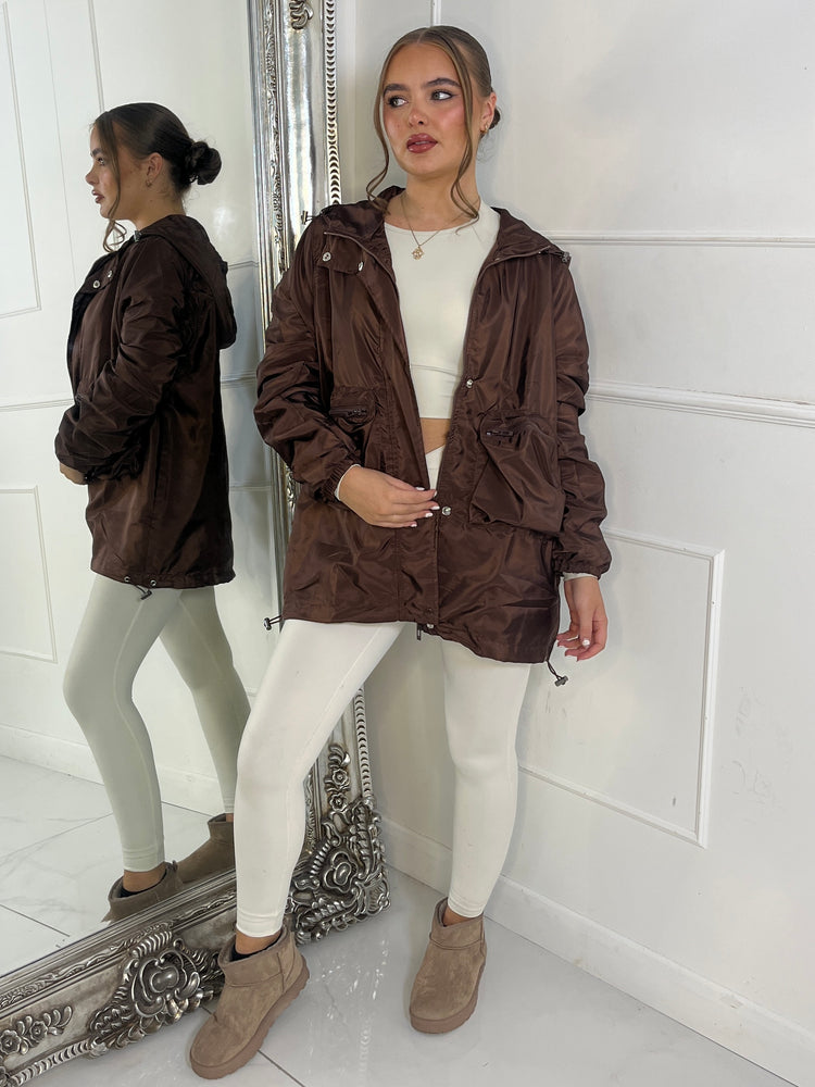 Long Ruched Sleeve Windbreaker Jacket - Brown