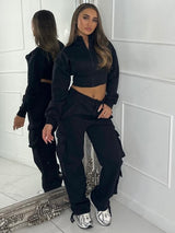 Cargo Pocket Detail Straight Leg Pants & Crop Zip Up Jacket - Black