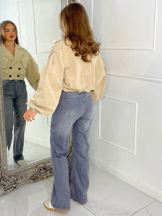 Crop Balloon Sleeve Trench Jacket - Beige