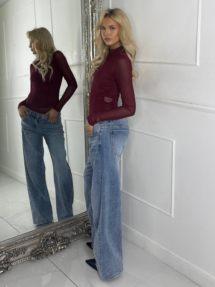 Mesh Long Sleeve Bodysuit With Under-layer Vest Top - Wine