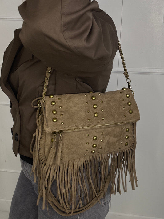 Suede Gold Detail Tassle Chain Bag - Beige