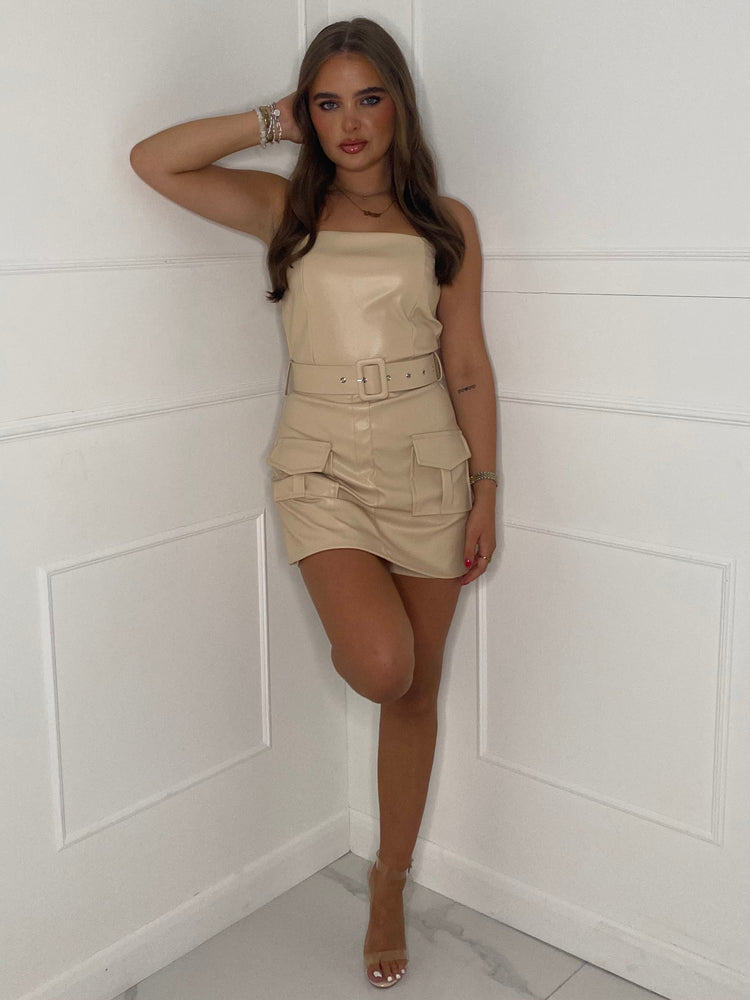 PU Cargo Style Playsuit - Cream