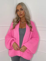 Balloon Sleeve Knitted Cardigan - Neon Pink