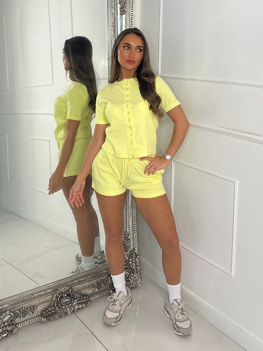 Round Neck Button Up Ribbed Top & Drawstring Shorts Co-ord - Yellow
