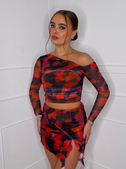 Drape Printed Asymmetric Co-Ord - Red/Black