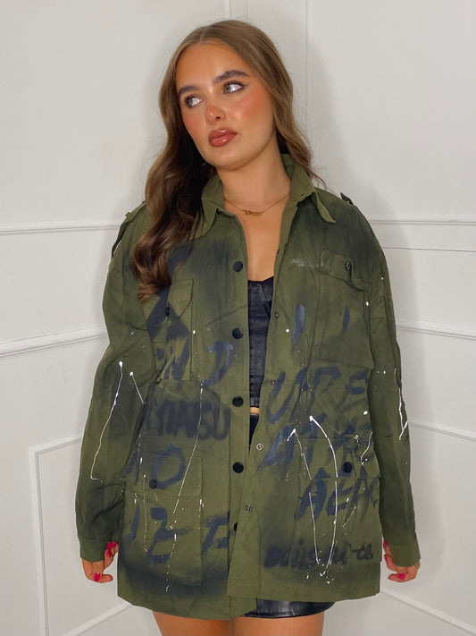 Oversized Graffiti Print Jacket - Khaki