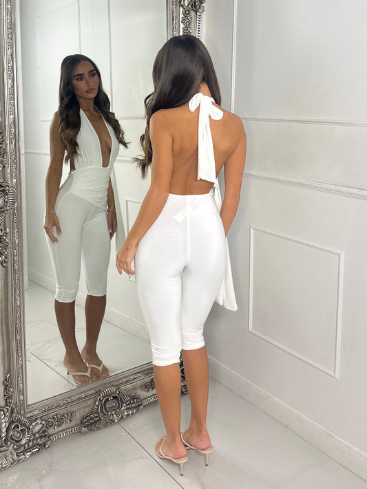 Backless Halter Neck Capri Jumpsuit-White