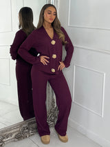 Long Sleeve V Neck Gold Pin Pocket Detail Top & Wide Leg Pants Co-Ord - Wine