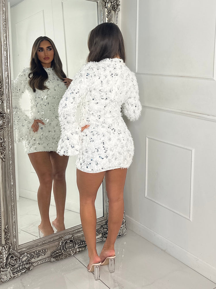 Feather Sequin Contrast Long Sleeve Dress - White