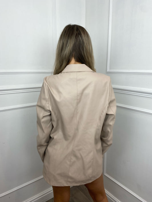 Oversized Leather Look Blazer - Cream