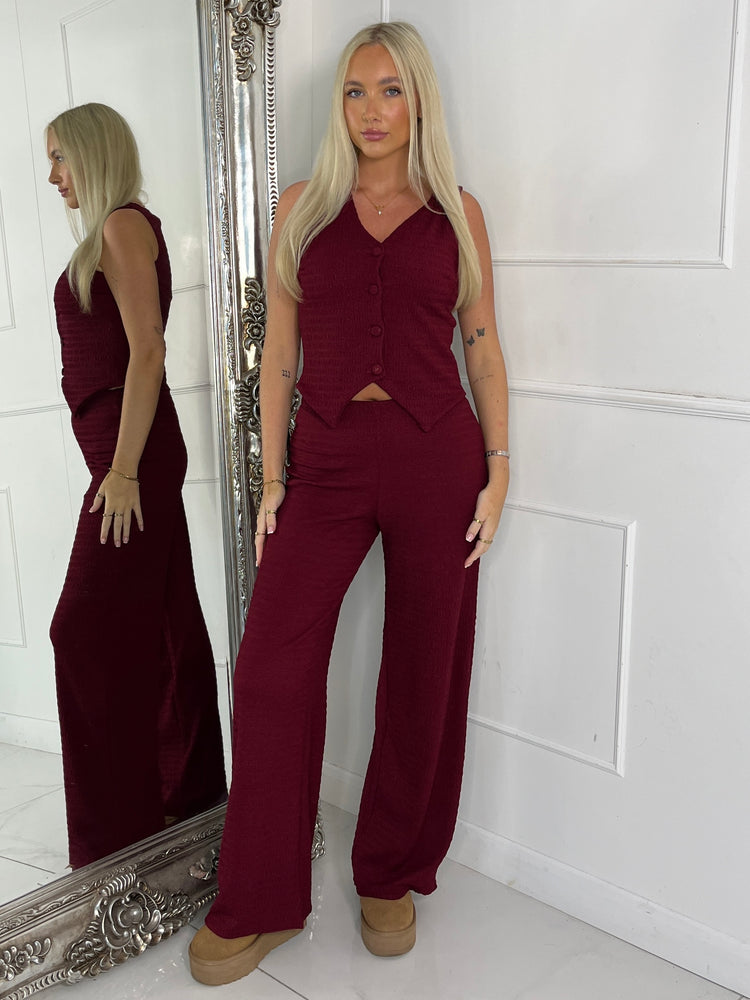 Button Up Detail Textured Waistcoat & Flares Set - Wine