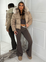 Cropped Faux Fur Trim Padded Jacket - Taupe/Cream
