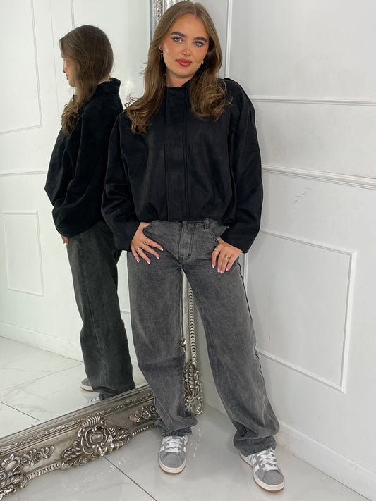 Suede Collared Oversized Bomber Jacket - Black