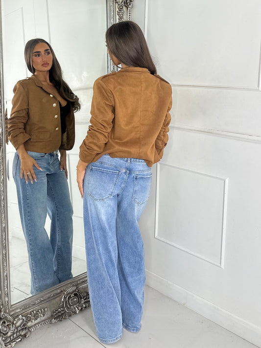 Lola Gold Button Faux Suede Tailored Jacket - Tan