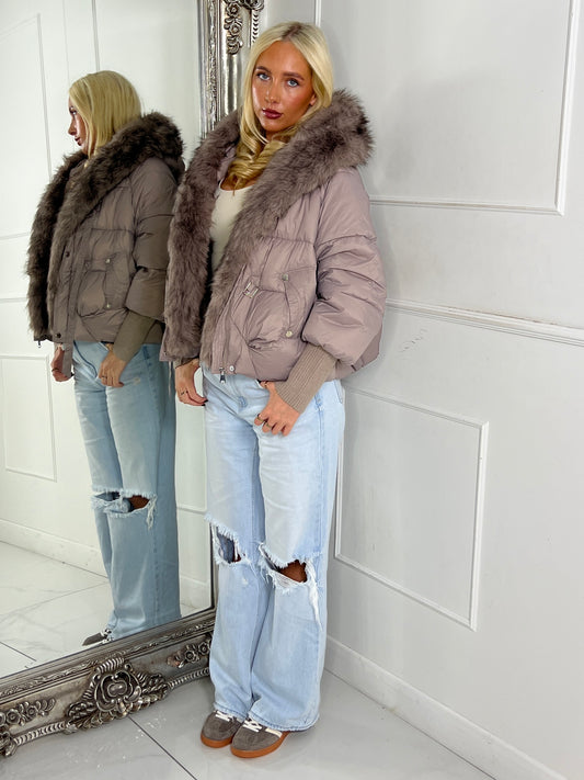 Hooded Faux Fur Puffer Coat With Buckle Detail - Grey/Mauve