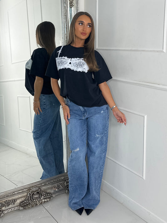 White Bra Print Oversized T-shirt - Black