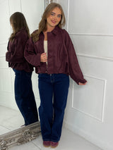 Suede Collared Oversized Bomber Jacket - Wine