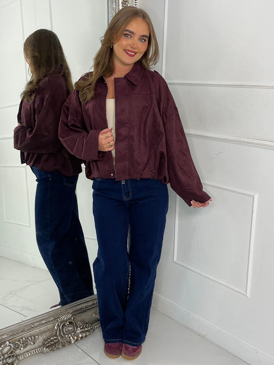 Suede Collared Oversized Bomber Jacket - Wine