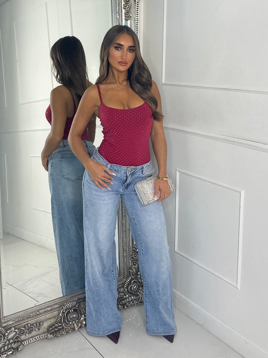 Strappy Diamante Detail Bodysuit - Wine