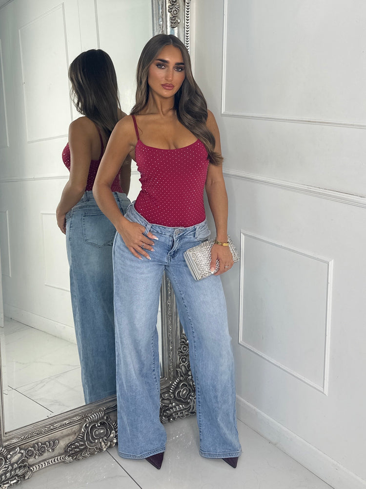 Strappy Diamante Detail Bodysuit - Wine