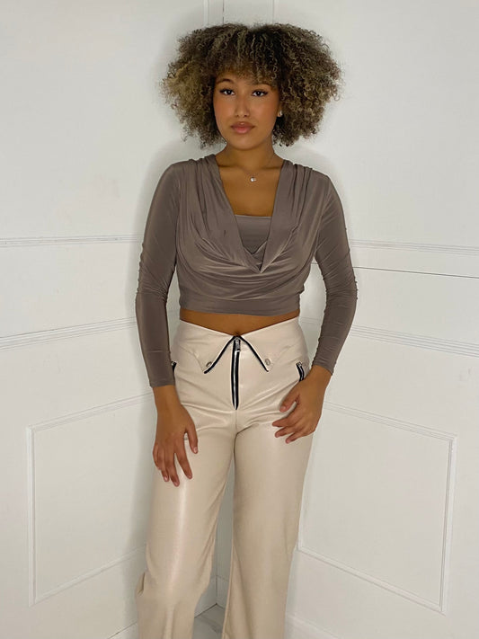 Cowl Neck Long Sleeve Top - Mocha