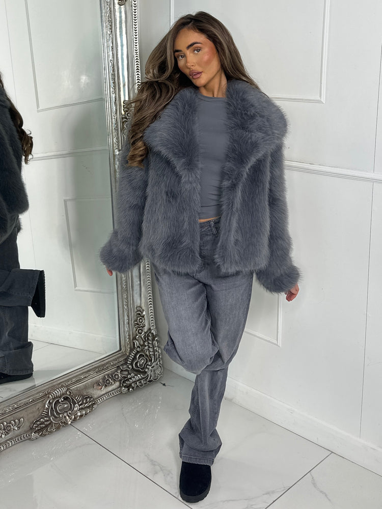Oversized Collar Faux Fur Coat - Grey