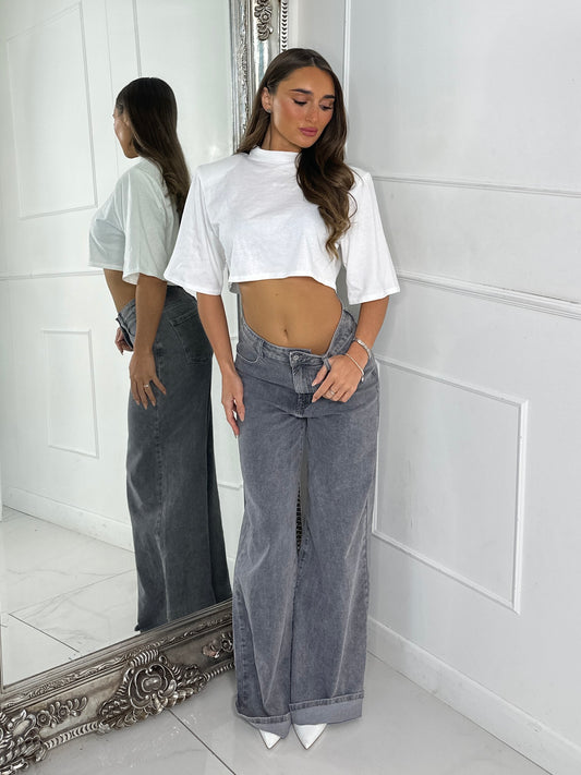 Padded Shoulder Cropped Tee - White