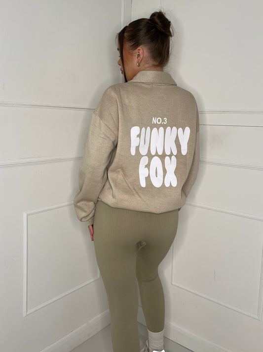 Funky Fox Half Zip Jumpers - Beige/White