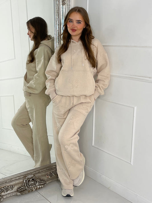 Cross Embroidered Hoodie & Jogger Tracksuit - Beige