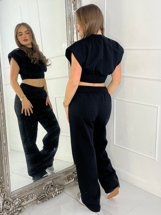 Padded Shoulder Top & Wide Leg Pants Tracksuit - Black