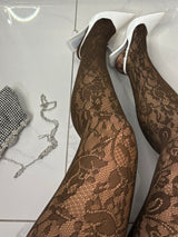 Lace Floral Pattern Tights - Chocolate