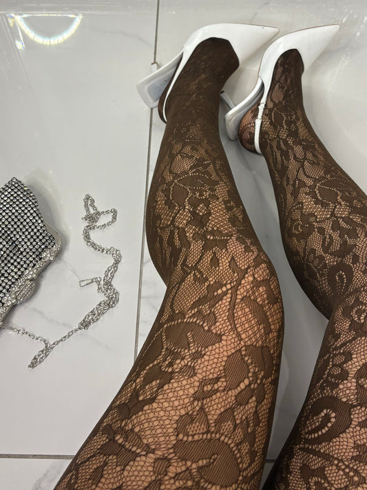 Lace Floral Pattern Tights - Chocolate