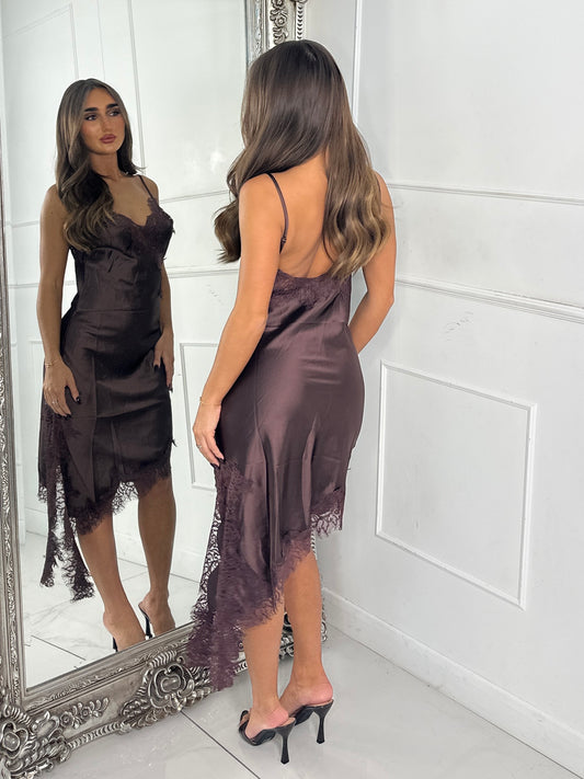 Long Asymmetric Satin Dress With Lace Trim Detail - Brown