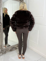 Tiered Faux Fur Round Neck Jacket - Brown