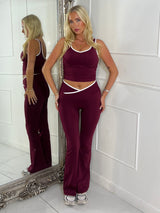 Crossover Ruched Bum Flares And Line Detail Tank Top- Wine/ White