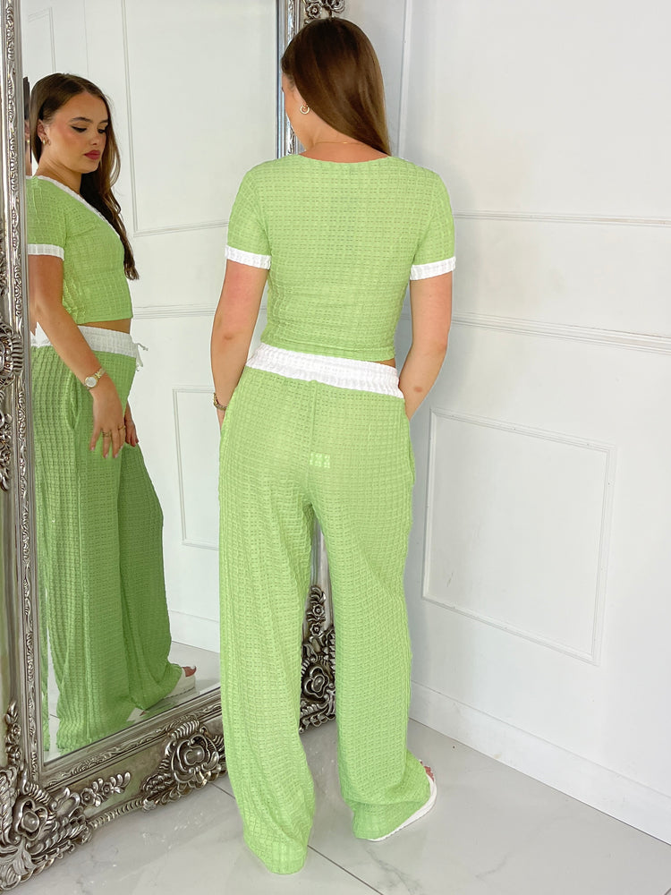 Crochet Effect V-Neck and Trousers Co-ord - Green