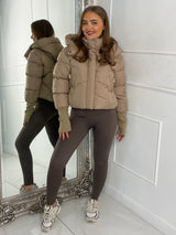 Cropped Puffer Coat With Hood - Beige