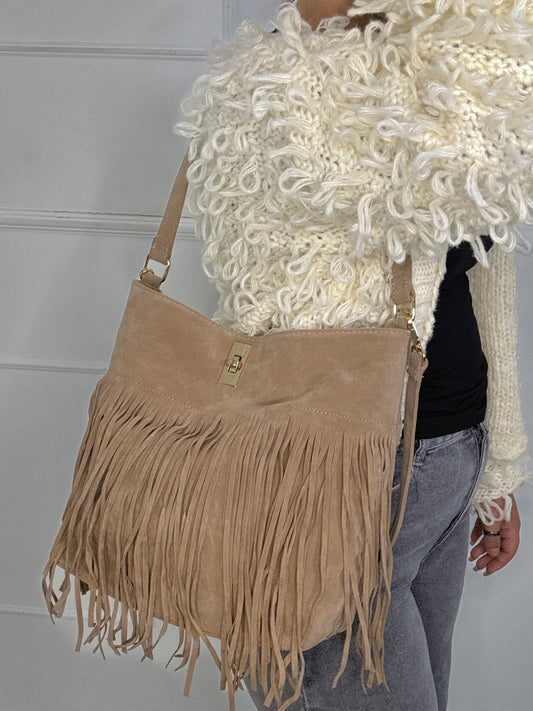 Large Suede Full Tassel Gold Lock Detail Shoulder Bag - Beige