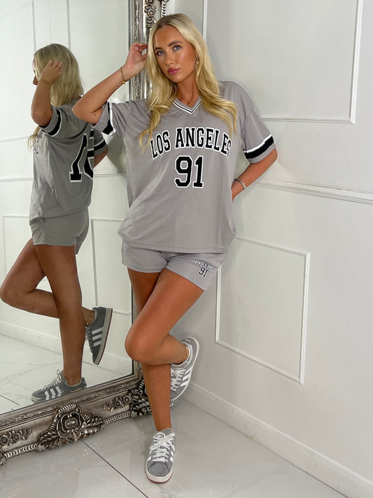 Los Angeles Varsity Top & Matching Shorts Co-ord - Grey/ Black & White