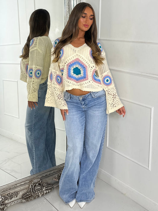Flare sleeve V Neck Crochet Top - Beige/Multi Five