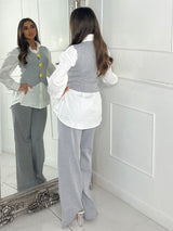 3 Piece Knitted Waistcoat & Shirt Set - Light Grey